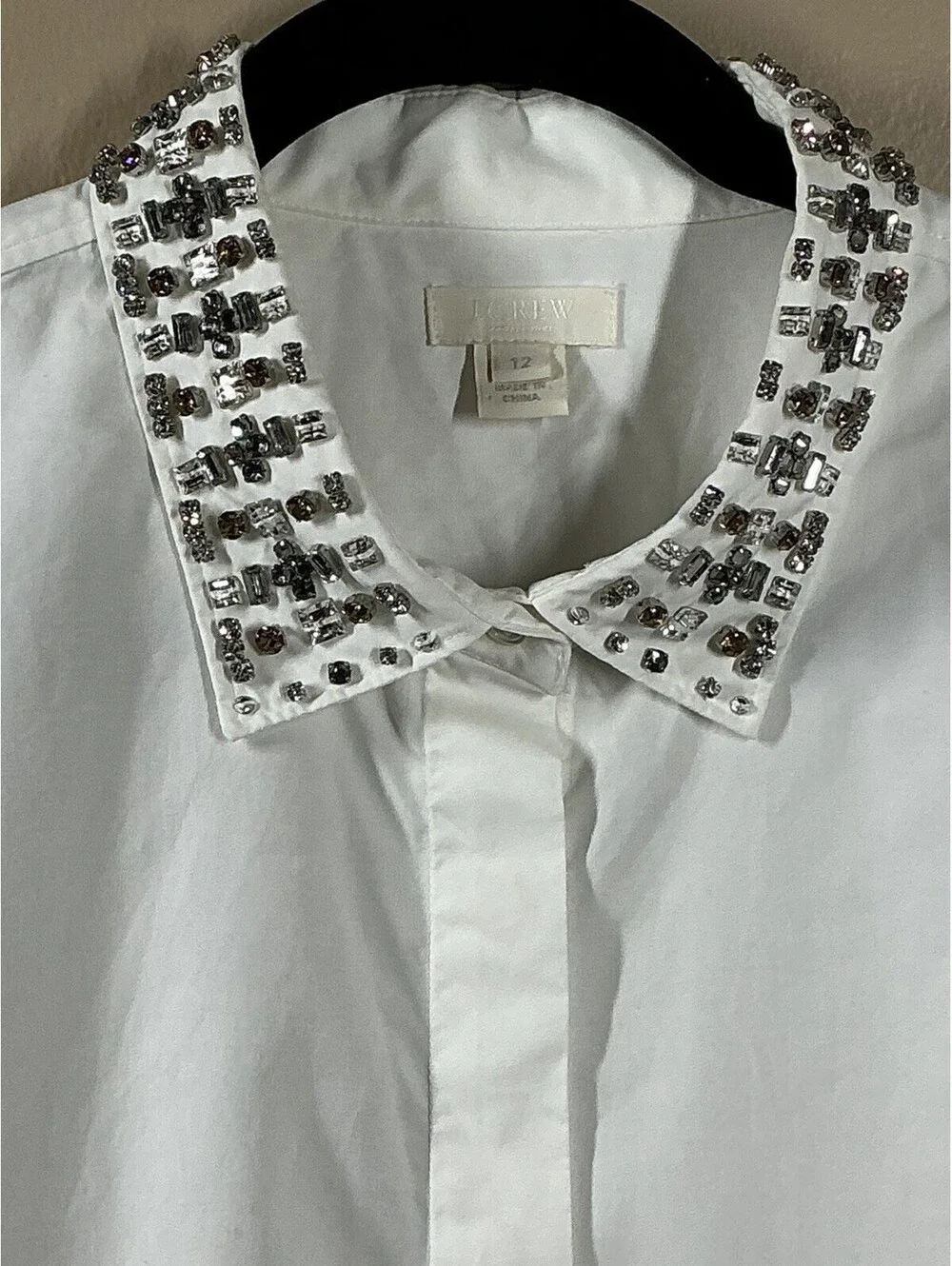J.Crew White Jewel Crystal Embellished Color Button-Down Shirt  Size 12